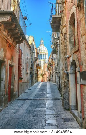 Walking Around The Old Streets Of  Baroque Town Ragusa Ibla. Historic Center Called Ibla Builded In 