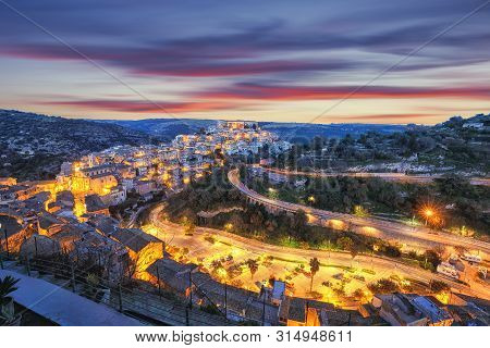 Sunset  At The Old Baroque Town Of Ragusa Ibla In Sicily. Historic Center Called Ibla Builded In Lat