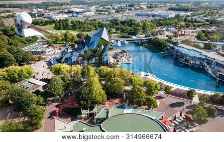 Poitiers, France - September 21 2010 : Futuroscope, or Parc du Futuroscope is a French amusement park that lets you experience sounds, images, and sensations. Aerial view from the Gyrotour.