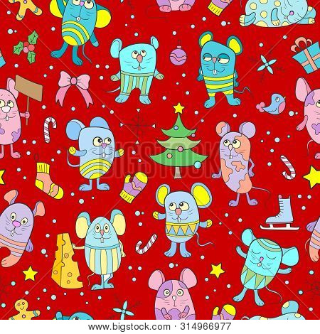 Seamless Illustration For New Year Holidays, Cartoon Funny Mice And Snowflakes On A Red Background
