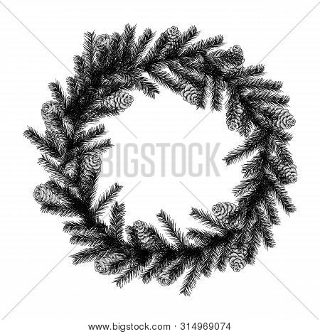 Christmas Wreath In The Style Of A Sketch Of A Christmas Tree And Cones Isolated On White Background