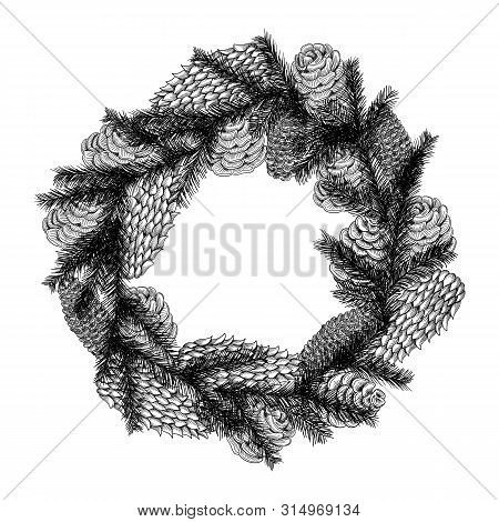 Christmas Wreath In The Style Of A Sketch Of A Christmas Tree And Cones Isolated On White Background