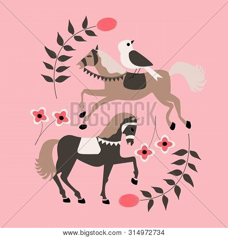 Beautiful Horses In A Folk Art Composition. Vector Elements