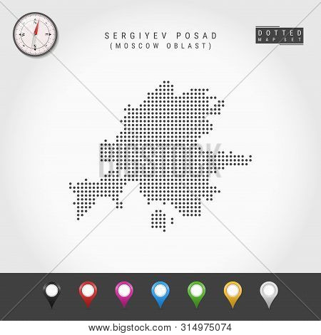 Dots Map Of Sergiyev Posad, Moscow Oblast. Simple Silhouette Of Sergiyev Posad. Vector Compass. Mult