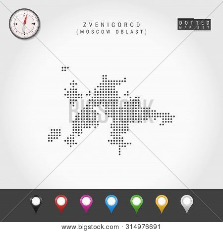Dots Map Of Zvenigorod, Moscow Oblast. Simple Silhouette Of Zvenigorod. Vector Compass. Multicolored