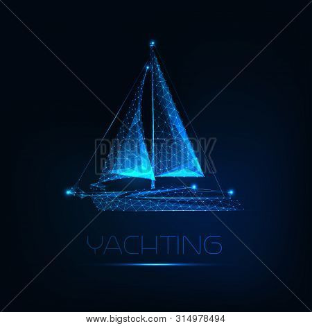 Futuristic Glowing Low Polygonal Yacht Boat Isolated On Dark Blue Background.