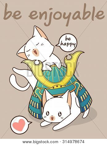 Kawaii Cats And Samurai Helmet In Cartoon Style