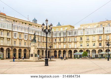 A Coruna,spain - May 15,2019 - At The Maria Pita Square In A Coruna. A Coruna Is A City And Municipa