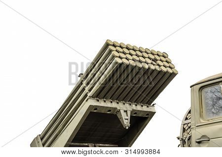 Russian Multiple Rocket Launcher Mounted On Soviet Military Truck Isolated On White Background