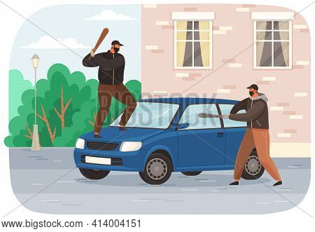 Two Young Vandals Destroy The Car. Bandits Characters In Masks Spoil Other People S Property