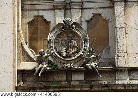 Mantova (mn), Italy - June 10, 2017: Baroque Style Carrara Marble Facade And Gothic Bell Tower, Cath