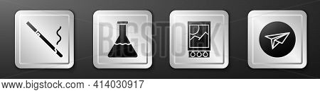 Set Cigarette, Test Tube And Flask, Open Matchbox And Matches And Messenger Icon. Silver Square Butt