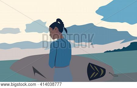 Vector Illustration Depicting A Girl With A Surfboard Walking Along The Shore Against The Background