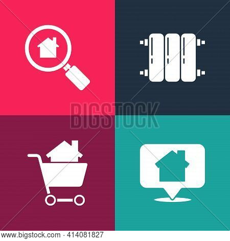 Set Pop Art Location With House, Shopping Cart, Heating Radiator And Search Icon. Vector