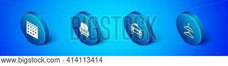 Set Isometric Hotel Booking Calendar, Taxi Car, Hanger Wardrobe And Armchair Icon. Vector
