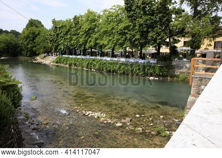 Borghetto (vr),  Italy - April 30, 2017: Mincio River In Borghetto Village, Mincio, Verona, Veneto, 