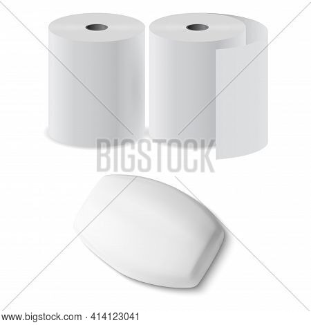 Toilet Paper Roll, Soap Bar 3d Vector Mock Up Box. Antibacterial Hygiene Soap Blankfor Bathroom, Wc.