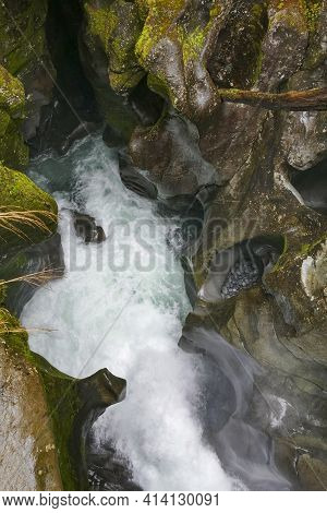 Natural Scenery Around The Chasm Falls At Cleddau River At The South Island Of New Zealand