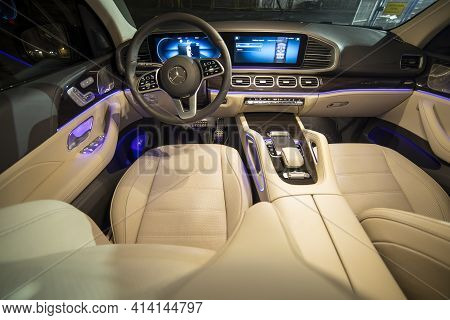 Moscow, Russia - December 24, 2019: Driver's Dashboard Empty Interior Of Light Interior Of Premium S