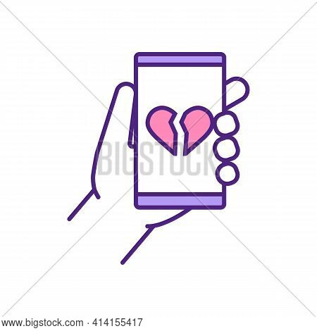 Broken Heart On Mobile Screen Rgb Color Icon. Hurt, Pain, Depression Feeling. Fake Love, Breakup Mes