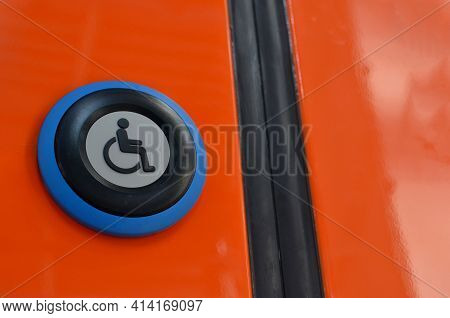 Button With Sign Wheelchair. Train Door Push Button Press To Open Sliding Mechanical Door At A Train