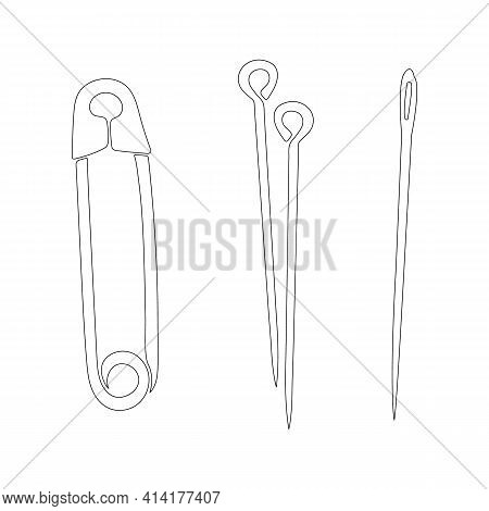 Small Set Of Elements For Sewing - Needles And Pins. Collection Of Stock Elements Isolated On White 