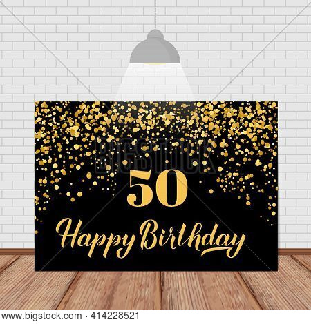 Happy 50th Birthday Handwritten Celebration Banner. Black And Gold Confetti Birthday Or Anniversary 
