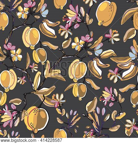 Lemons Blooming Branches Seamless Pattern. Beautiful Floral Background. Botanical Citrus Plants On G