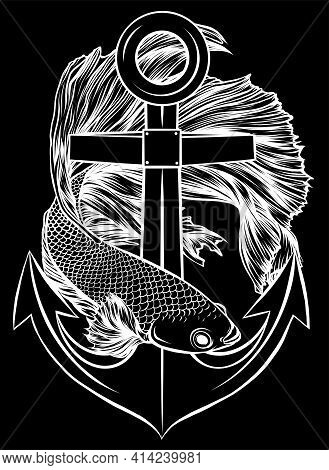 White Silhouette Of Fish Around The Anchor On Black Background