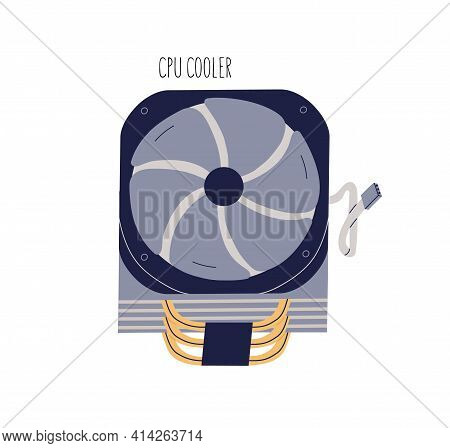 Cpu Cooler With Fan And Wires. Internal Computer Equipment For Air Cooling And Ventilation. Colored 