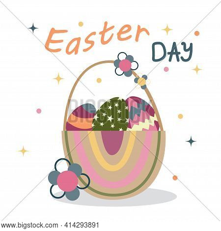 Happy Easter Day Greetings With An Cute Bascet With Eggs And Text. Cartoon Adorable Vector Illustrat
