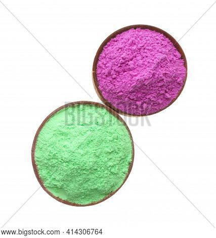Colorful Powders In Bowls On White Background, Top View. Holi Festival Celebration