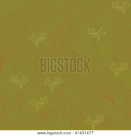 Virágok, levelek és a love birds seamless pattern
