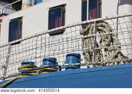 Detail Moored Steel Ship With Bollard And Ropework
