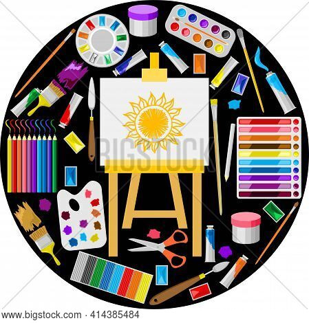 Painting Art Tools. Cartoon Paint Arts Vector Artistic Elements, Brush, Palette, Watercolor Tubes, E