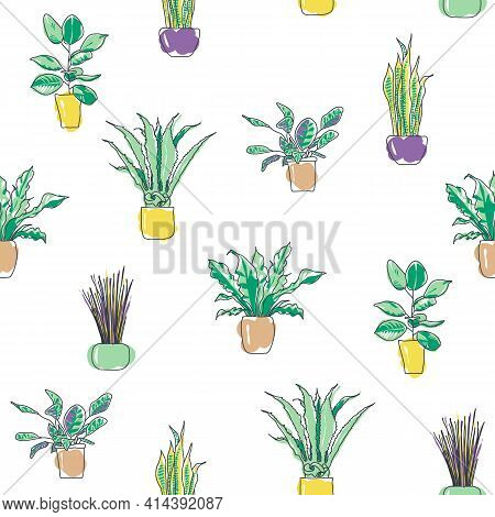 Colorful Seamless Pattern Of Trendy Stylish Houseplants. Plants In Pots For Interior Home Or Office.