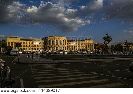 Gyumri,armenia,05 September,2019: Municipality Building Illuminated By The Setting Sun On Vardanants