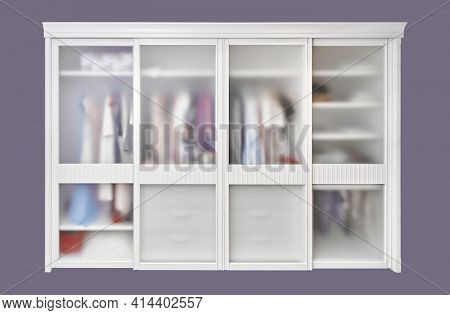 Large Modern Built-in Wardrobe With Matte Glass On Sliding Doors Isolated On A Purple Background