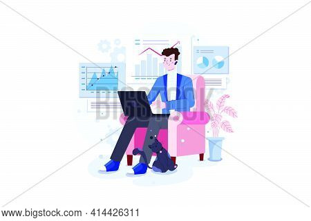 Handsome Businessman Analyzing Data On His Laptop In Home Interior. Data Science Concept.
