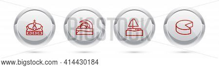 Set Line Crown Of Spain, Concert Hall De Tenerife, Yacht Sailboat And Cheese. Silver Circle Button. 