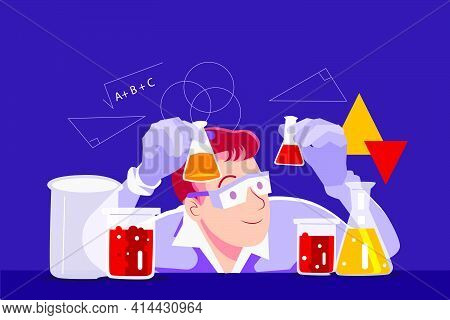 Scientists Look At The Chemicals In Glass At The Laboratory Vector Illustration Concept. Flat Illust