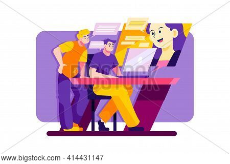 Two Woman Are Having Online Meeting With A Man Vector Illustration Concept. Flat Illustration Isolat