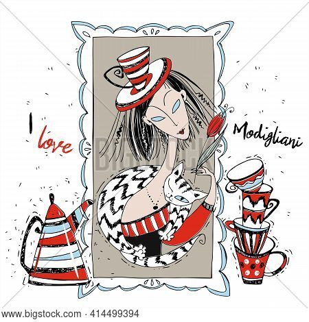 I Love Modigliani. Painting With A Lady In The Art Nouveau Style. Modigliani Art. Vector. A Lady Wit