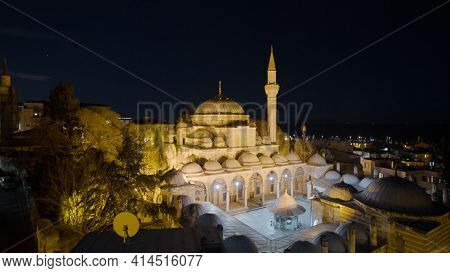 Mosque And Turkish Town At Night. Action. Top View Of Istanbul At Night With Glowing Mosque. Beautif