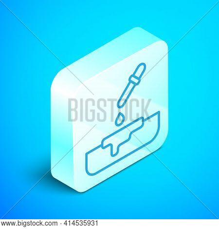 Isometric Line Petri Dish With Pipette Icon Isolated On Blue Background. Silver Square Button. Vecto