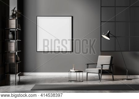 Modern Dark Waiting Room Interior Including Cosy Armchair, Glass Lattice Partition, Empty Poster On 
