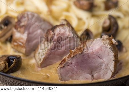 Closeup Of Swabian Roasted Pork Fillet With Spaetzle
