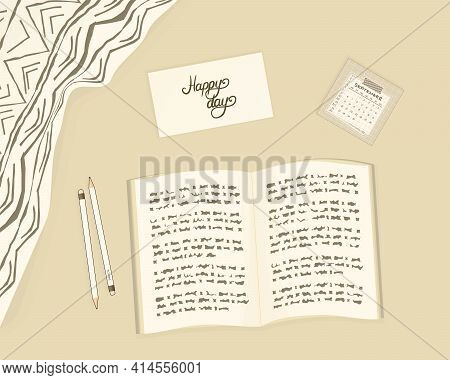 Vector Read Concept On Beige Background. Open Fictional Nonexistent Book For Reading, Patterned Plai