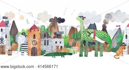 Pirate village. Fortress with cute animals pirates on the background of mountains. Watercolor illustration. Horizontal banner. Repeating pattern. Border.