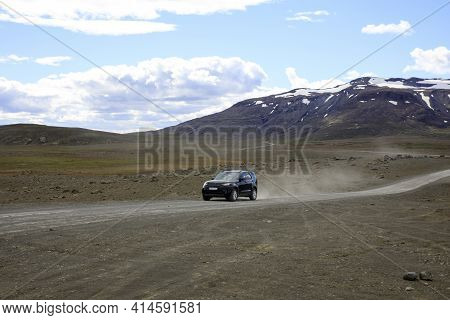 Kjolur / Iceland - August 25, 2017: A Car Goes Across The Kjolur Highland Road, Iceland, Europe